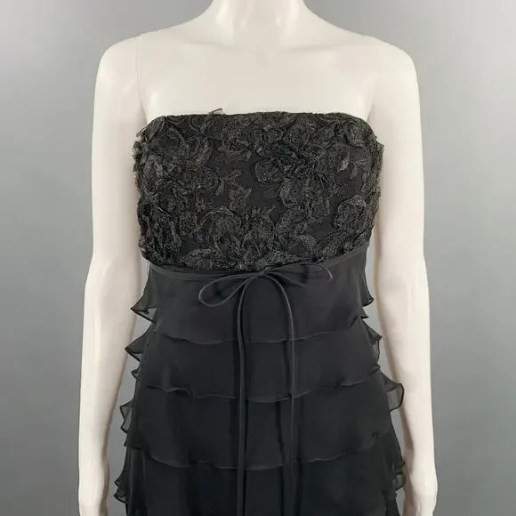 SHAWN RAY FONS Size 6 Black Silk Lace Ruffle Long Cocktail Dress
